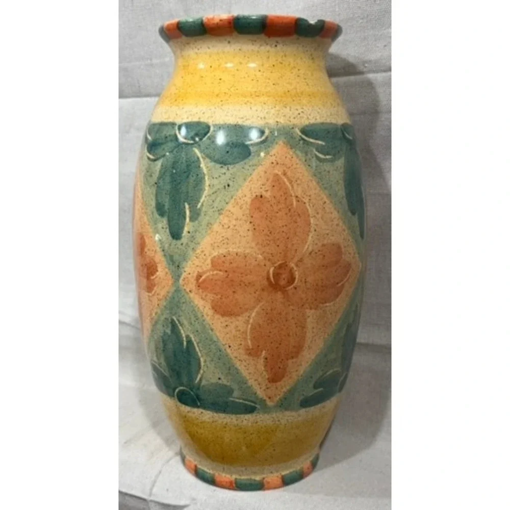 Horchow Italy Hand Painted Ceramic Vase Floral Geometric Art Pottery 14